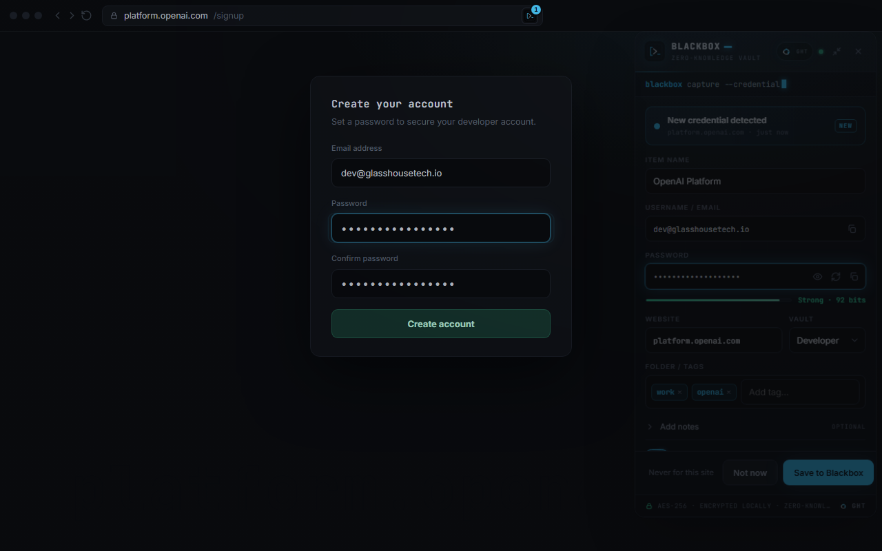 Blackbox in-page save popup capturing a new credential