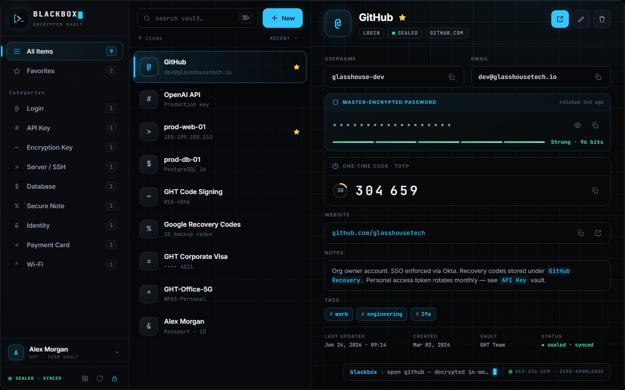 The Blackbox web vault showing logins, API keys, and a live TOTP code
